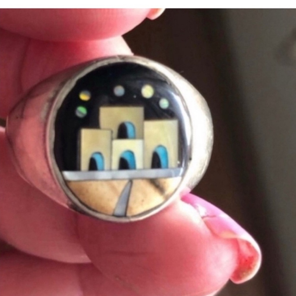 Sterling Inlay Ring Gorgeous Scene Like Mission Or Building Native American Look